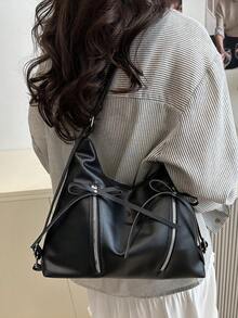 蝴蝶结装饰女士手提包，时尚韩版休闲大容量单肩包，适合旅行、散步、购物 - 黑色 - 查看 4