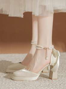 （建议选购大一码）女士仿珍珠装饰绑带粗跟方头蝴蝶结套脚鞋，适合搭配裙装