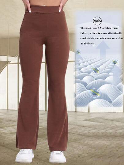 1 pieza Pantalones de pierna ancha de cintura alta de unicolor acanalado para mujer