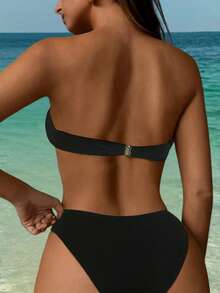 最新设计的黑色金属面料抹胸比基尼泳装，适合夏季海滩 - 黑色 - 查看 4