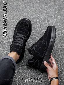 (Nhỏ hơn) Giày thể thao nam cổ cao thoải mái, chất liệu da vá, giày đi bộ cổ điển, màu đen tuyền, có dây buộc, chống sốc - màu đen - Xem 3