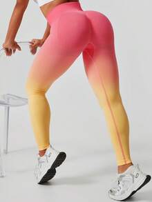 Summer Workout Women's Fashion Ombre Peach Butt Lifting Seamless High Waist Shapewear Leggings - Yellow - View 3