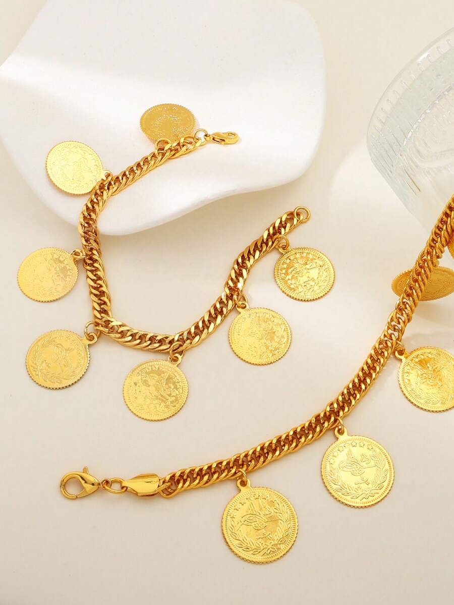 1 件奢华镀金硬币手链金色时尚里拉手镯阿拉伯男女婚礼派对珠宝 - 金黃色 - 查看 1