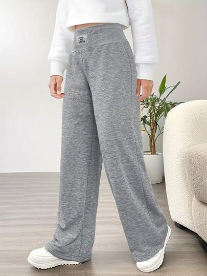 Pantalones casuales sueltos de cintura alta y pierna recta de unicolor para niña preadolescente, versátiles