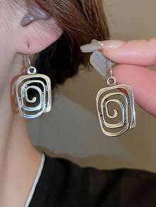 1 对复古风格金属几何圆形、方形、空心、螺旋形吊坠耳环，适合日常使用 - 復古銀色 - 查看 3