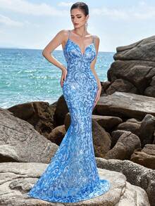 ADYCE 亮片刺绣细肩带露背鱼尾晚会礼服、婚礼宾客礼服、正式礼服、长袍 - 淺藍色 - 查看 4