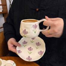 1 pieza Juego de taza de café y platillo de cerámica vintage hecho a mano, taza y plato con pintura a mano estilo coreano Ins, adecuado para mug de latte y plato de postre, excelente para San Valentín, Día de la Madre, regalo conmemorativo de pareja, regalo de graduación de vuelta a la escuela