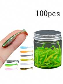 100 Pieces Of Bait In One Bottle, 1.38-Inch Bait T-Tail Soft Bait, Lead Head Hook, Slow Sinking Root Fish Worm, Sea Bass Crooked Mouth Carp, Small And Micro Fake Bait, With Night Light