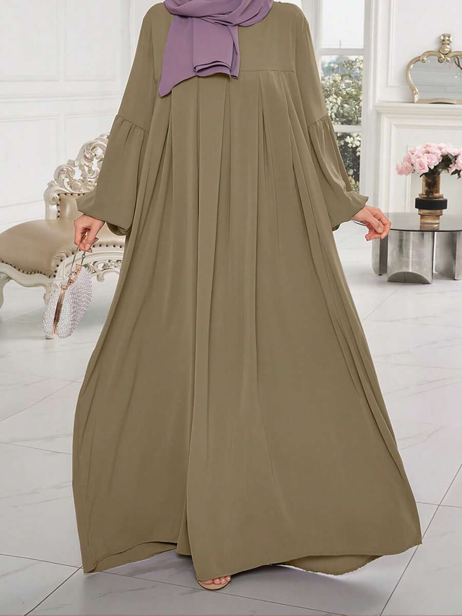 1pc Plain Ruched Bust And Sleeve Design Abaya Robe, Versatile And Suitable For Casual, Leisure, Prayer Occasions, Modest - Khaki - View 1