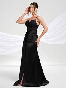 YISIKADO 女士优雅细肩带开叉大腿正式舞会礼服派对礼服婚礼宾客礼服舞会礼服婚礼宾客晚宴，适合晚会 - 黑色 - 查看 6