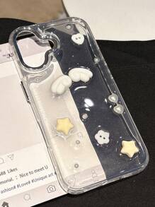 Funda de teléfono con alas de ángel de epoxi con brillo, estrellas y perlas falsas, compatible con iPhone 16, 15, 14, 13, 12 Pro Max, 11, con cubierta trasera protectora clara, resistente al agua, a los golpes y a los arañazos