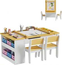 AYYDS Children's Table With Storage Space And 2 Chairs, Craft Table & Learning Table, Children's Painting Table With Tilting Tabletop, Children's Seating Group, Children's Furniture Set Made Of Wood, Painting Table, Table For Children, 110 * 62 * 53.4CM, White And Yellow