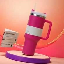 Outdoor Sports Water Bottle 40 Oz H2.0 Insulated Mug With Handle, Double Vacuum Insulated Stainless Steel Water Bottle, High Quality Summer Drinking Portable Handheld Water Bottle, Travel Mug, Iced Coffee Mug, Perfect Gift Choice For Outdoor Camping, Hiking, Driving, Traveling - Màu Hồng Tươi - Xem 2