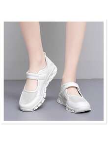 Women's Low Vamp Flat Shoes, 2025 New Mesh Leather Patchwork Hook And Loop Casual Shoes, Lightweight Breathable Dance Shoes/Nurse Shoes/Mom Shoes, Non-Slip Thick Sole Sneakers, Spring/Summer/Autumn - White - View 9