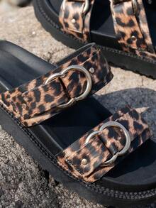 女士休闲厚底豹纹金色扣舒适室内/户外沙滩平底凉鞋 - 豹紋 - 查看 6