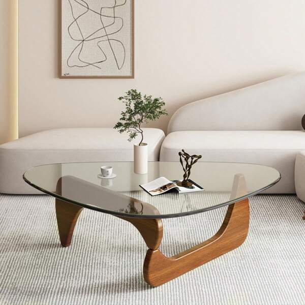 Table basse triangulaire en verre - Table d'appoint moderne du milieu du siècle avec base en bois massif et plateau en verre trempé transparent vintage, tables basses pour salon et balcon