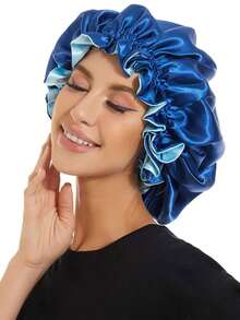 1 PC Reversible Imitated Silk Nightcap, Double Sided Satin Shower Cap Bonnet - Blue - View 2