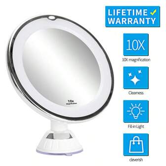 1pc 10X Magnifying Makeup Mirror With LED Lighted, Touch Switch, Battery Operated, Suction Cup, Folding & Ring Light, Beauty Decor