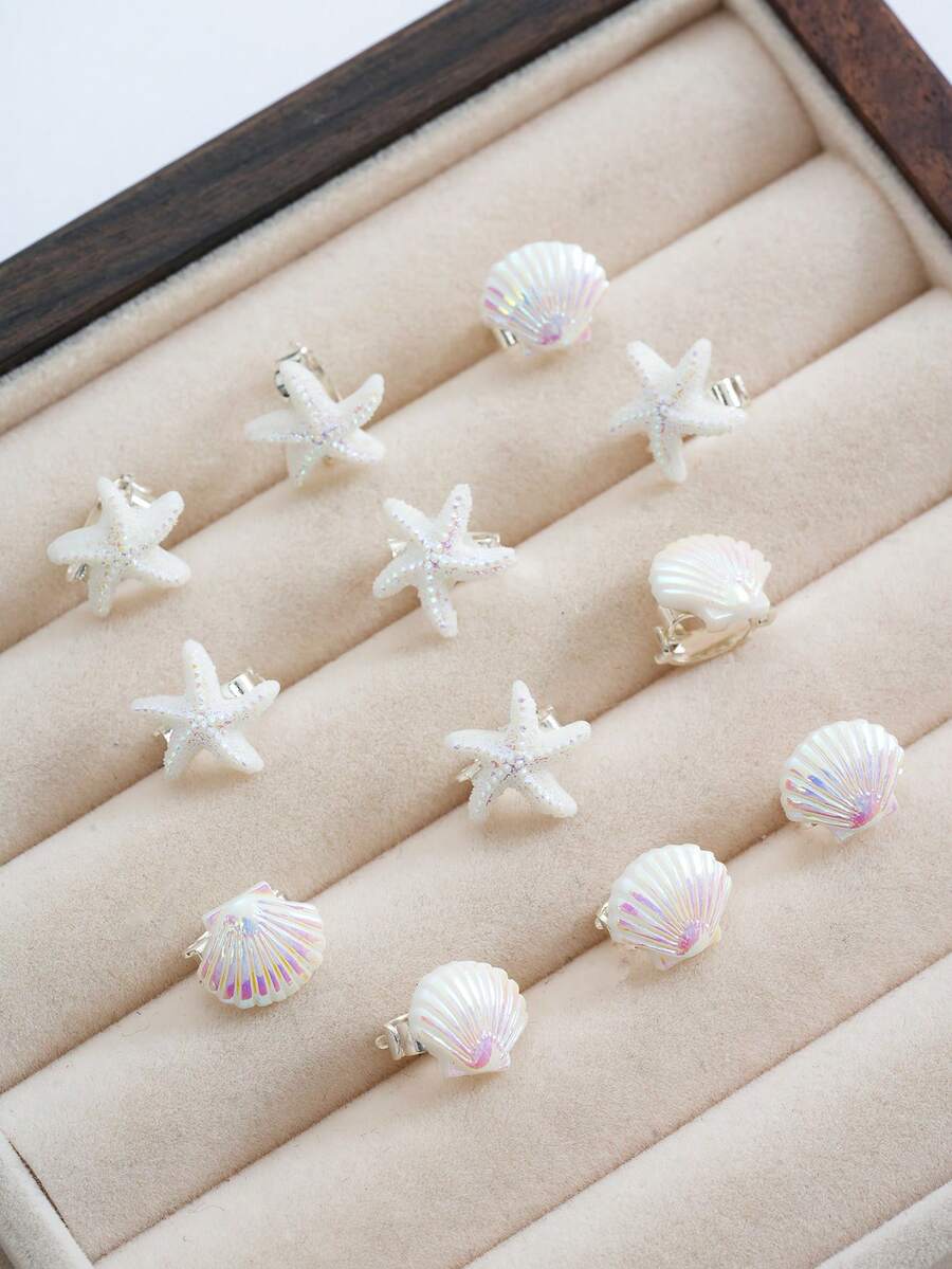 12/24pcs Starfish & Shell Hair Clips, Adorable Beach-Style Hair Accessories, Craft Making Supplies, Gifts For Women & Girls, Suitable For Daily Hair Decorations Claw Clips Hair Claws Hair Barrettes, School Stuff, Best Friend Gifts - 白色 - 查看 1