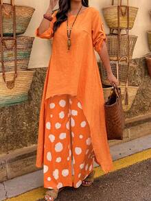 Conjunto a juego de 2 piezas de UrbanChic Plus Size con parte delantera corta y parte trasera larga en unicolor estampado, para primavera y verano, Día de San Valentín, elegante para damas, atuendos de vacaciones de verano, bodas y eventos, salidas, vacaciones de mujeres, atuendos de playa para mujeres, atuendos de vacaciones de primavera - Naranja - Ver 4