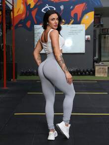 Sport Studio Seamless High Waisted Shapewear Leggings In Solid Color - Màu Xám nhạt - Xem 2