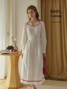 Simple Retro 女装春夏休闲平驳领撞色玫瑰刺绣白色优雅复古优雅情人节长连衣裙 - 白色 - 查看 1