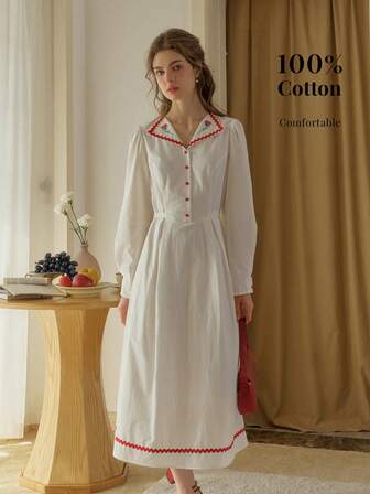 Simple Retro Vestido largo elegante y retro para mujer, con cuello de barco, bordado de rosa, elegante para primavera y verano, para el Día de San Valentín