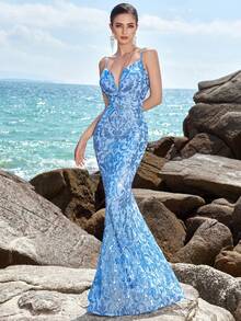 ADYCE 亮片刺绣细肩带露背鱼尾晚会礼服、婚礼宾客礼服、正式礼服、长袍 - 淺藍色 - 查看 7