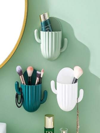 Estante de almacenamiento montado en la pared con forma de cactus para cepillos de dientes, peines y brochas de maquillaje - Adhesivo, sin marcas, de plástico, sin perforación. Caja de almacenamiento montada en la pared con forma de cactus, soporte para teléfono, almacenamiento de cepillo de dientes, peine, brochas de maquillaje y control remoto. Artículos de higiene esenciales para el baño, ahorro de espacio. Decoración de otoño, de vuelta a la escuela