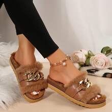 Women's Metallic Chain Sandals - Fluffy & Open Toe For Winter Wear - màu nâu - Xem 7