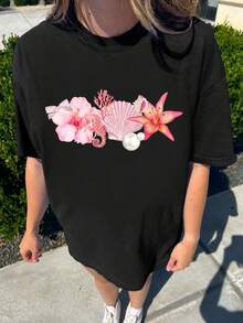 Maglietta casual ampia donna a maniche corte con scollo rotondo, stampa di fiori, cavalluccio marino, perle e stelle, adatta per primavera/estate, regalo di compleanno