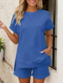 hoteel Women's Round Neck Raglan Short Sleeve Slit Top And Elastic Waist Pocket Shorts Loungewear Set - Màu xanh lam - Xem 3