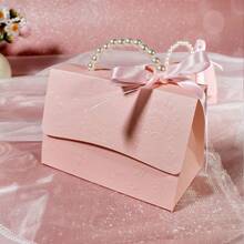 10 件迷你优雅礼品盒，带珍珠手柄和浮雕花卉图案、丝带蝴蝶结装饰、奢华钱包式设计，适合婚礼礼品、送礼会、新娘送礼会、生日、母亲节 - 粉色和白色糖果或珠宝盒 - 珍珠手提盒 - 查看 4