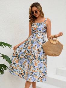 女士优雅日常度假柠檬印花褶饰胸围吊带中长连衣裙，独立日、派对、茶会休闲夏季服装 - 彩色 - 查看 4