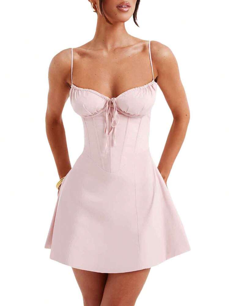 Women Y2k Summer Mini Dress Spaghetti Strap Sleeveless Backless Short Dress Low Cut Bodycon Sundress Party Dress Going Out A-Line Mini Dress - Hồng - Xem 2