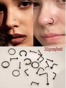 21pcs Black Nose Ring Butterfly Shaped Stainless Steel Nose Ring Set, Mini Black Nose Stud Nose Hoop With Heart & Various Shapes Decoration, Body Piercing Facial Jewelry For Women Gifts