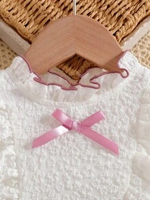 2pcs Baby Girls' Cute Ruffle Collar & Ruffle Hem Long Sleeve Top With 3D Bow Button Design Skirt Set, Suitable For Everyday Outings, Spring & Autumn