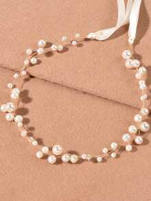 1pc Elegant & Children Faux Pearl Hair Chain Headband Hair Accessory, Suitable For Outdoor Wedding, Garden Wedding, Beach Wedding, Church Wedding, Spring & Summer - White - View 5