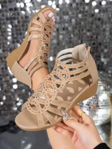 大码女式水钻坡跟运动凉鞋，舒适百搭时尚妈妈鞋，罗马风格女士凉鞋 - 金色 - 查看 5