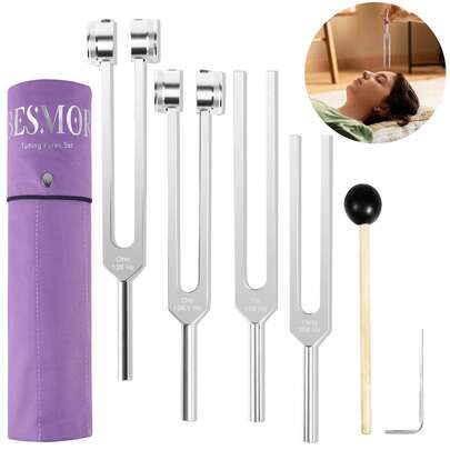 Tuning Forks For Healing Set (128HZ, 136.1HZ, 256HZ, 384HZ), Tuning Fork With Reflex Hammer 4-Piece Set For Chakras/Sound Therapy/Healing/Medicine, A Good Gift For Women, Meditation Beginner (Silvery)