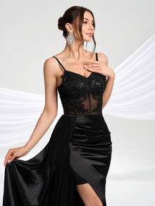 YISIKADO 女士优雅细肩带开叉大腿正式舞会礼服派对礼服婚礼宾客礼服舞会礼服婚礼宾客晚宴，适合晚会 - 黑色 - 查看 7