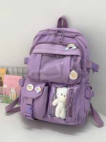 Two Tone Classic Backpack Letter Patch,Kawaii School Style: Cute Nylon Backpack With Pins & Accessor - Purple - View 2