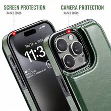 Luxury Durable Leather Wallet Phone Case Compatible With IPhone 16e 16 15 14 13 12 11 Pro Max SE X XR XS Max 8 7 6 6S Plus Compatible With Samsung Galaxy S25 S24 S23 S22 S21 S20 Ultra A13 A14 A15 A35 A53 A54 A55 S23 FE S24 FE Kickstand Credit Card Slots Holder Shockproof Phone Cover Waterproof Anti-Fall Scratch Resistant Full Cover - Dark Green - View 7