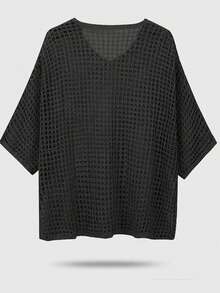 Plus Size Solid Color Hollow Out V-Neck Casual Knit Cover Up Sweater