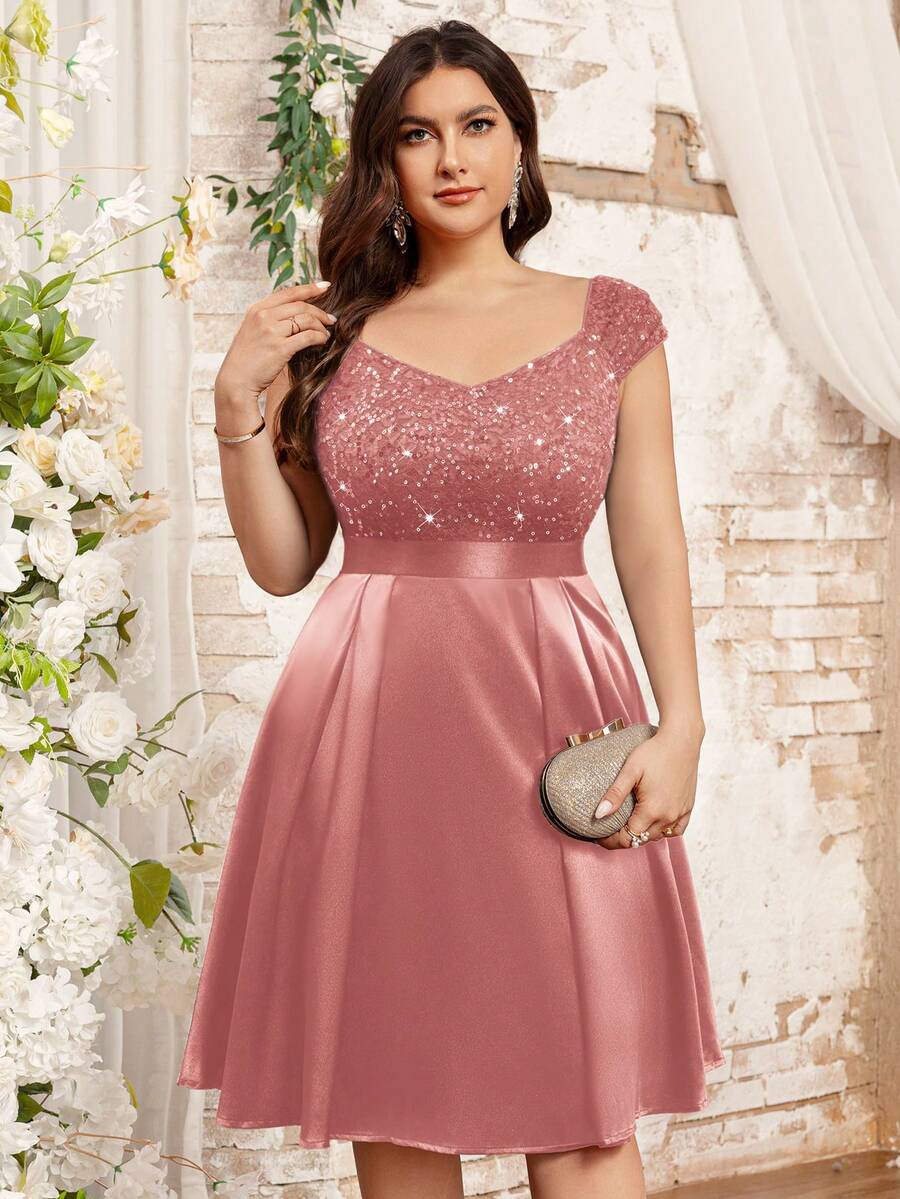 加大 V 领亮片蕾丝撞色缎面正式派对秋千裙，优雅舞会婚礼宾客礼服，适合生日、毕业典礼、返校节 - 藕粉色 - 查看 1