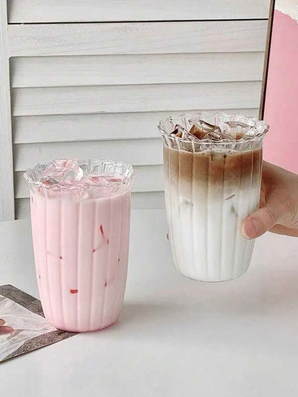 1 pieza Taza de vidrio a prueba de calor con diseño floral estilo Ins para café, latte, leche, té, jugo y bebidas frías, taza de agua a rayas simple y de alta gama