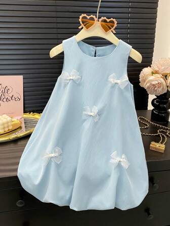 Humor Bear Girls' Casual Butterfly Decor Sleeveless Dress With Bubble Lantern Design, Princess Style, Summer