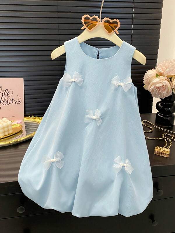 Humor Bear Girls' Casual Butterfly Decor Sleeveless Dress With Bubble Lantern Design, Princess Style, Summer
