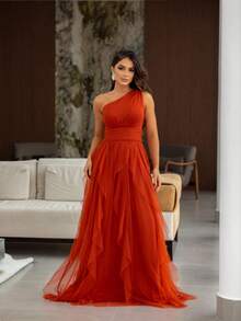 One-Shoulder Layered Bridesmaid Prom Dress - 紅陶 - 查看 2