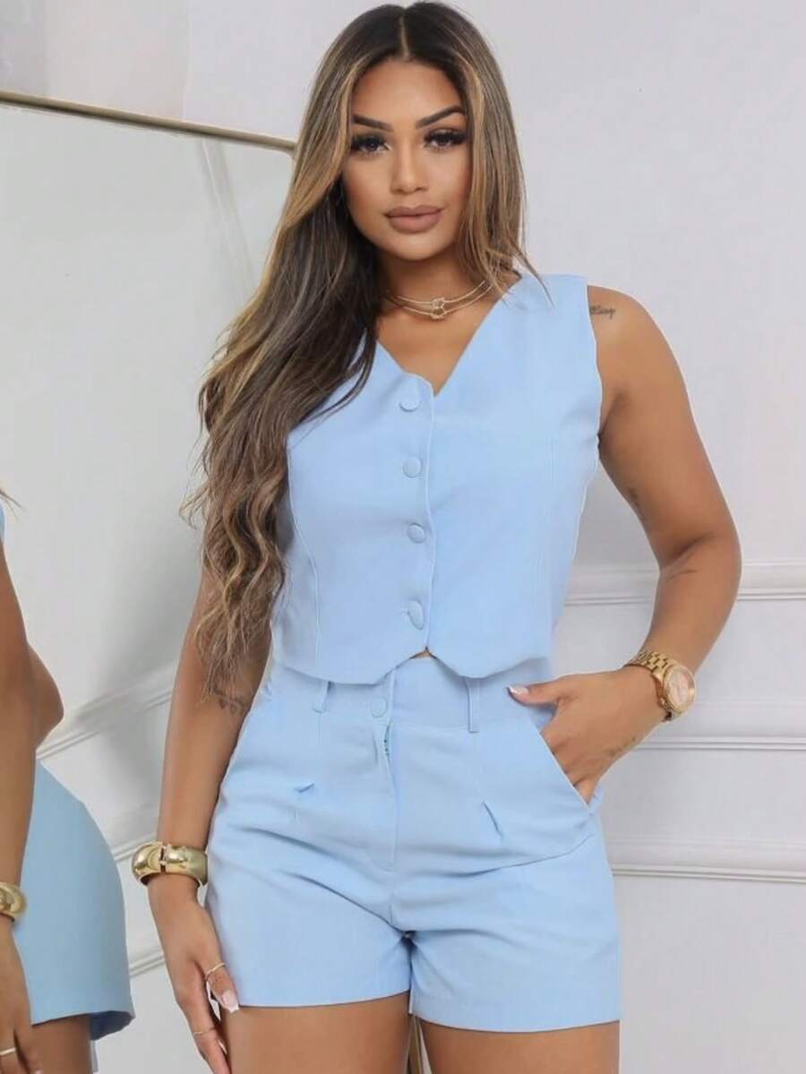 Women's Tailored Short And Vest Set - Baby Blue - View 1